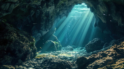 Underwater grotto with caralles creating mysterious light effects - obrazy, fototapety, plakaty