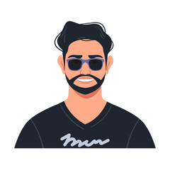 Portrait of a young smiling man with lush dark hair and sunglasses. A full-face avatar of a male character in a flat style for social media. Bright vector illustration