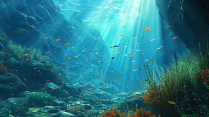 Fototapeta na wymiar Underwater scene with beautiful hills of caulds and a crowd of playful fish