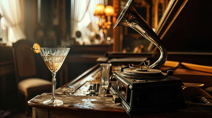 Vintage gramophone and glass glasses with cocktails on an old piano dust - obrazy, fototapety, plakaty