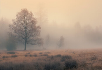 Obraz na płótnie Canvas Misty Autumn Morning with Bare Tree and Golden Field
