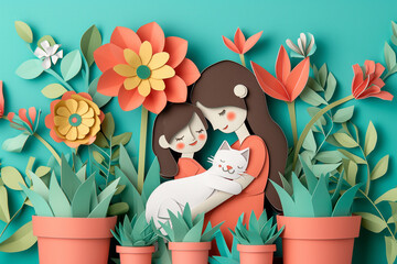 Mom and daughter and cat cuddle surrounded by potted houseplants. Hug Your Cat Day card in style of paper cut art.