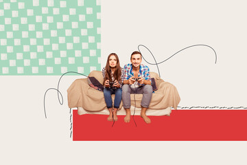 Artwork collage image of two partners sitting sofa playing video games controller isolated on white...