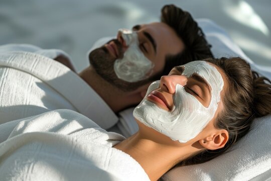 Couple enjoying a pampering facial mask, relaxed and smiling.