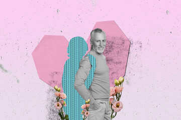 Creative collage image of painted lady cuddle cheerful black white effect aged man fresh flowers...