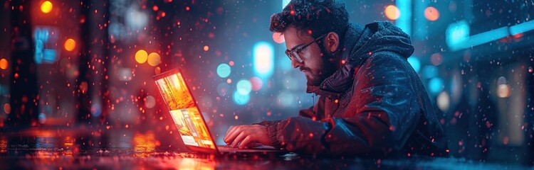 cyber man using his laptop with lights and visuals, in the style of innovative page design, precision engineering, teal and navy, highly polished surfaces, detail-oriented