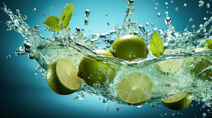 Fresh limes and lemons in water splash on blue background. close-up. 3d rendering. Copy space. Citrus fruit. 