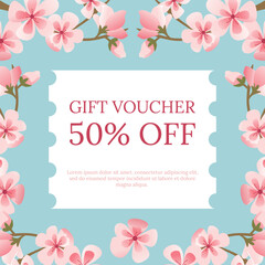 Gift Voucher with Cherry Blossom, Spring Flowers. Spring Sale Template. Vector Illustration.