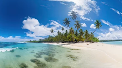 Poster beach views with coconut trees, bright blue skies, stunning tropical beach views. Clear white sand beach on a summer day. © elli_