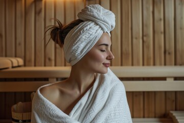 Peaceful spa experience, female with towel head wrap, eyes closed.