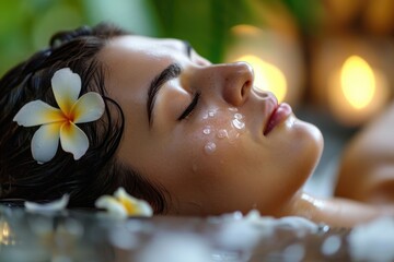 Obraz na płótnie Canvas Luxurious spa relaxation, lady with flower, ambient lighting.