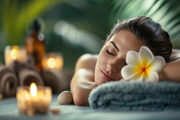 Obraz na płótnie Canvas Woman enjoying a tranquil spa treatment, flower on ear, candles lit.