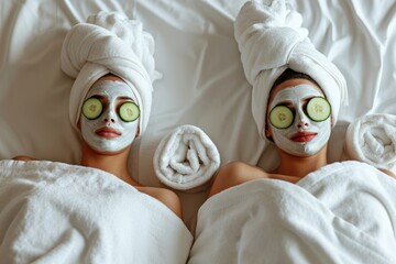 Friends enjoying a spa day with facial masks and cucumber eyes. - obrazy, fototapety, plakaty