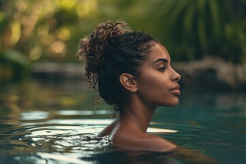 A stunning young woman in a luxurious poolside setting, embodying beauty, relaxation, and the epitome of a summer vacation.