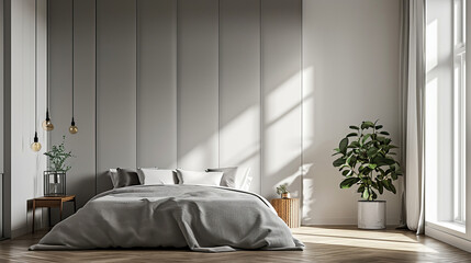 Elegant and Modern Bedroom with Minimalist Grey Wardrobe, Scandinavian Interior Design, Simple and Calm Home Decor Inspiration