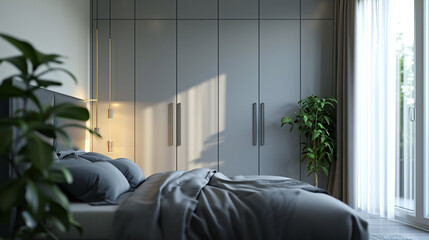 Elegant and Modern Bedroom with Minimalist Grey Wardrobe, Scandinavian Interior Design, Simple and Calm Home Decor Inspiration