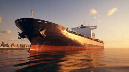 A large ship at sea at sunset against a clear blue sky, a golden hour. Grain transaction, grain carrier, export and import of products and industrial goods through the sea, seaport.