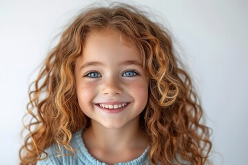 girl laughing with hair curly on white background, in the style of robert munsch, ingrid baars, lit kid, 8k resolution, light cyan and dark brown, ephraim moses lilien