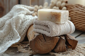 Towels Piled on Wooden Log