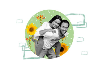 Artwork collage picture of two peaceful idyllic black white colors partners piggyback sunflower...