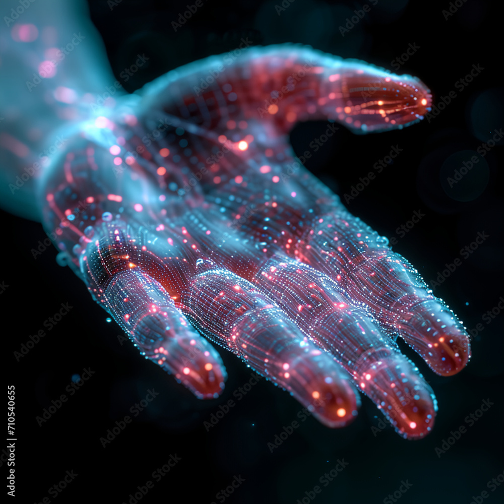Poster a futuristic bionic hand with wireframe and digital data flowing, palm up, accepting new ai technolo
