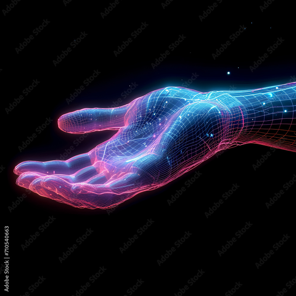 Poster a futuristic bionic hand with wireframe and digital data flowing, palm up, accepting new ai technolo
