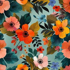 Foto op Canvas Vibrant Flower Pattern on Blue Background © BrandwayArt