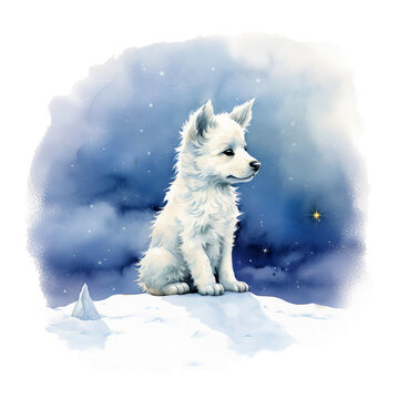 Welpe im Winter Aquarell Niedliche Hundillustration Junghund Portrait Kinderzimmer Wandkunst Winterliche Natur Hundebild