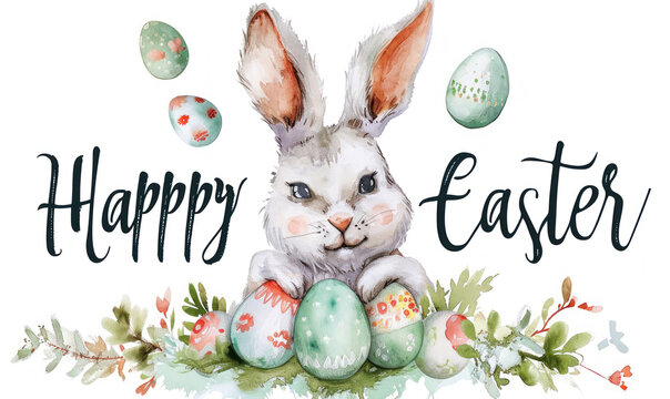 happy easter letter with painted   with watercolor bunny , greeting card 

and eggs