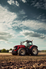 Modern Tractor Plowing Field Under Beautiful Sky, Agricultural tractor on field preparing land with plow