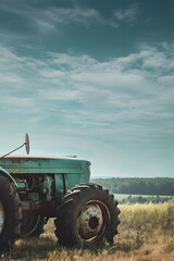 Vintage Tractor in Rustic Field with Moody Sky, Old rusty tractor abandoned in a blooming field