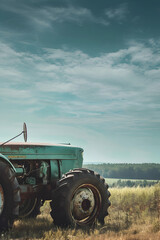 Obraz premium Vintage Tractor in Rustic Field with Moody Sky, Old rusty tractor abandoned in a blooming field
