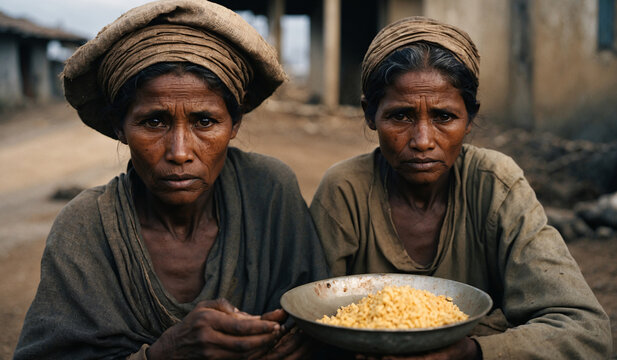 In an African village an African woman stands with a plate full of empty grains, exhausted by hunger. Famine in Africa leaves many women without food for their families, their pleas for help desperate