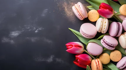 Gartenposter Pink tulips spring flowers witn macaroons on dark marble background mother's day sweet © lidianureeva