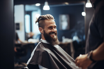 Homem no barbeiro com corte de cabelo e barba grande - obrazy, fototapety, plakaty