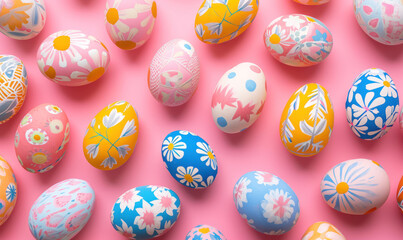 Fototapeta na wymiar colorful easter eggs with floral patterns on pink background , for kids springy day 