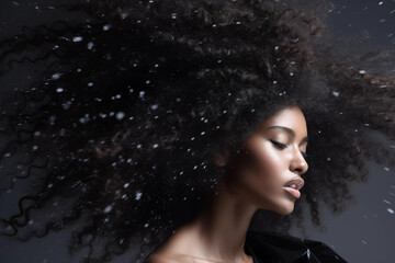 Mulher afro com cabelo grande e cacheado sobre o ar  - obrazy, fototapety, plakaty
