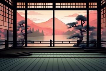 Background for product presentation in Japanese style architecture. Generative AI - obrazy, fototapety, plakaty