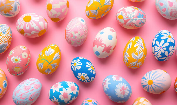 colorful easter eggs with floral patterns on pink background ,  for kids springy day 