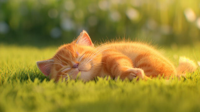 um gatinho laranja tirando um cochilo na grama verde em um dia ensolarado 