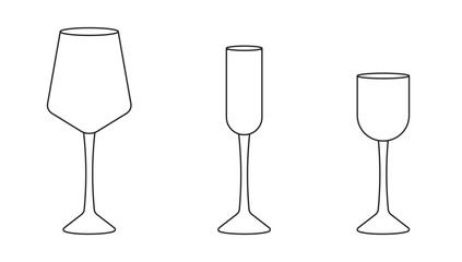 Set of various glasses for alcohol and non alcohol drinks in outline style on white background for icons, posters, patterns, webs, apps, wrapping