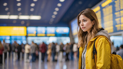A young woman is waiting for her flight in the international airport terminal. A passenger waiting at the departure terminal of an airport traveling on an international flight - obrazy, fototapety, plakaty