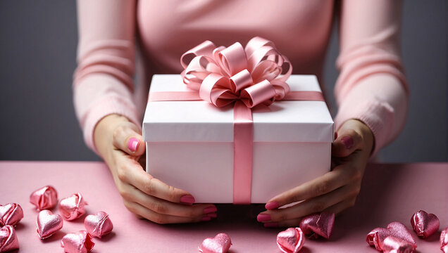 Female hands holding a white gift box with a pink ribbon on a pink background. Valentine's day, birthday and mother's day concept. Romantic gift for your beloved