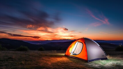 Sunset camping tent on mountain. Tent on mountain at sunrise sky - obrazy, fototapety, plakaty