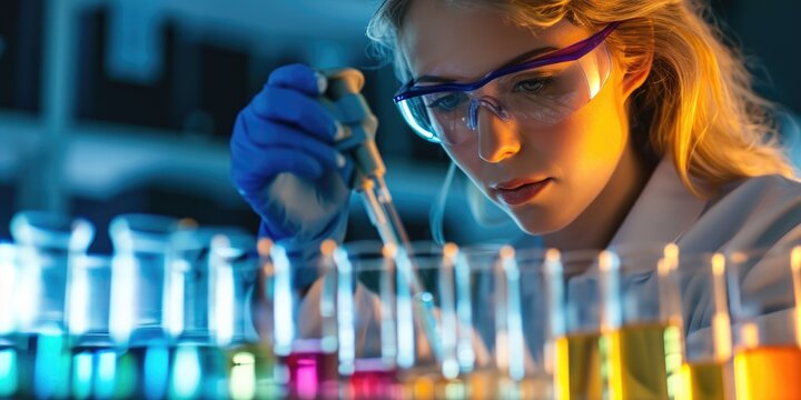 Female Scientist Researching In The Chemistry Laboratory With Pipettes And Test Tubes