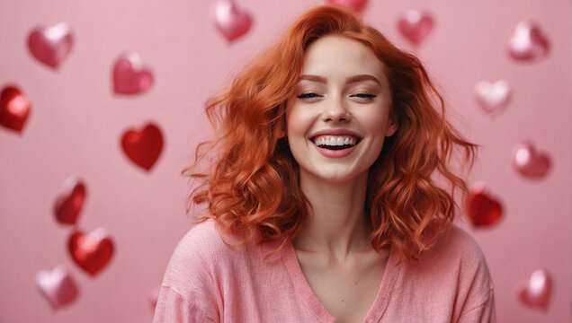 Red-haired beauty with a delightful smile in the atmosphere of Valentine's Day. Pink background with red hearts, giving an atmosphere of tenderness and love. Portrait of a girl