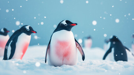 family of three cute penguins on a snowy background