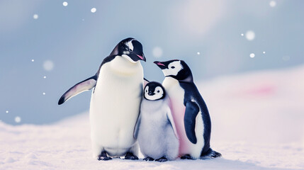 family of three cute penguins on a snowy background