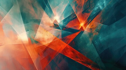 Rust red and aqua modern digital abstract with geometric light shards
