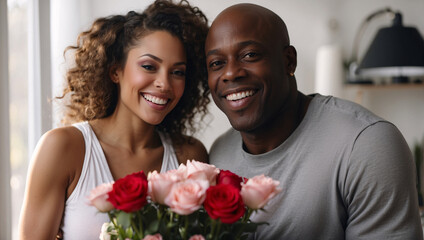 Happy smiling black couple, romance and love on February 14th. Love from black men and women on Valentine's Day. Giving a bouquet of beautiful roses as a symbol of inexhaustible love